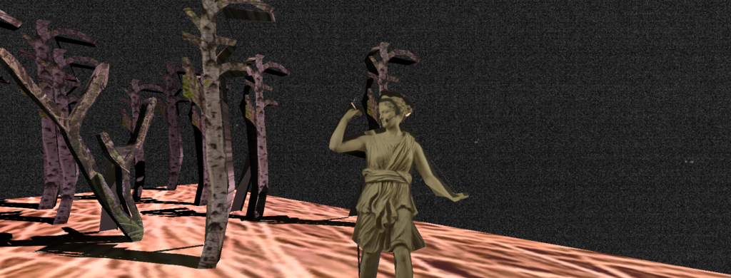 Artemis standing infront of dark backdrop with 2D trees smoking a cigarette